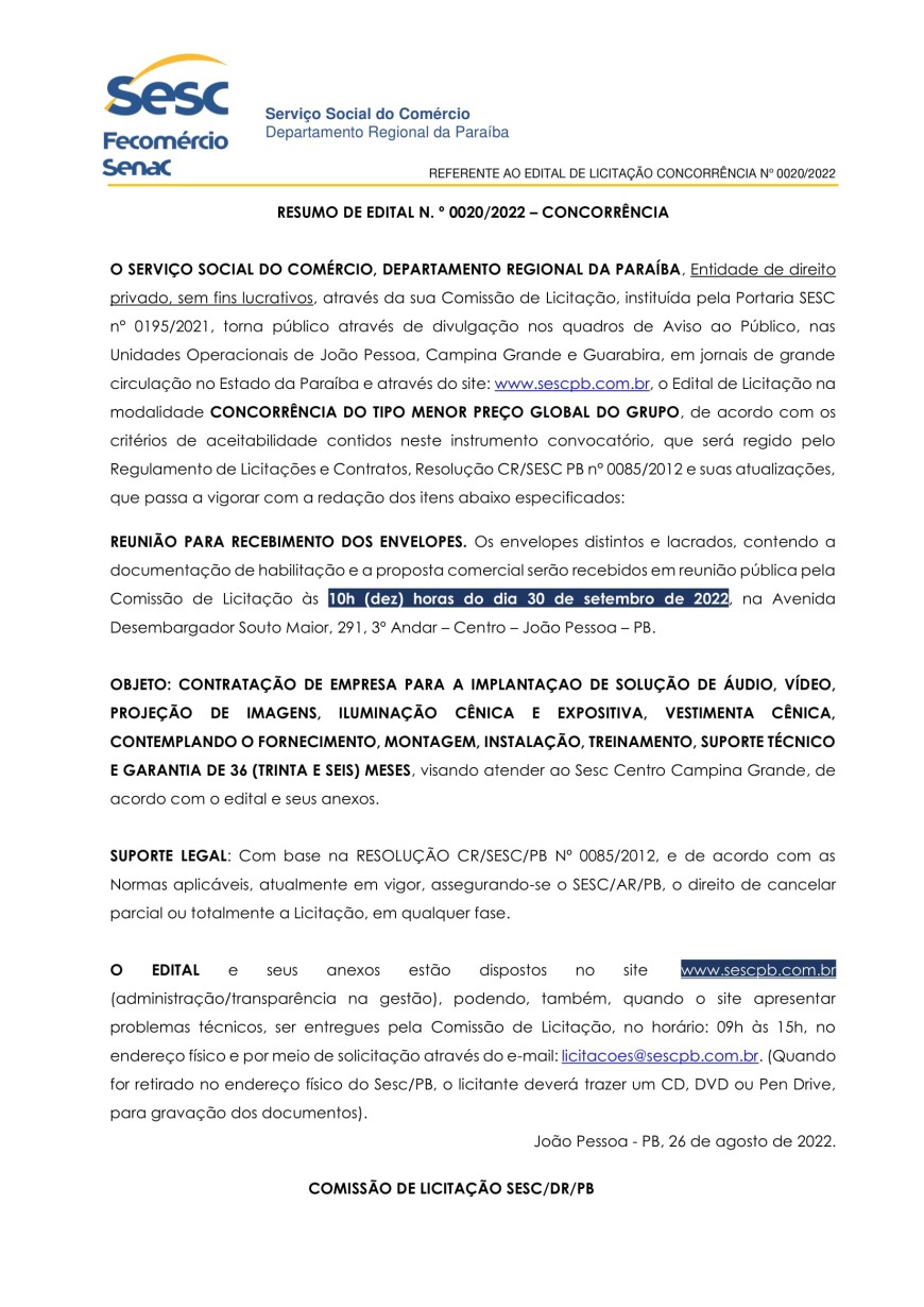 SESC- RESUMO DE EDITAL N.° 0020/2022 – CONCORRÊNCIA