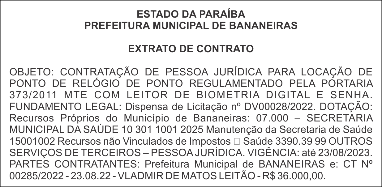 PREFEITURA MUNICIPAL DE BANANEIRAS – EXTRATO DE CONTRATO