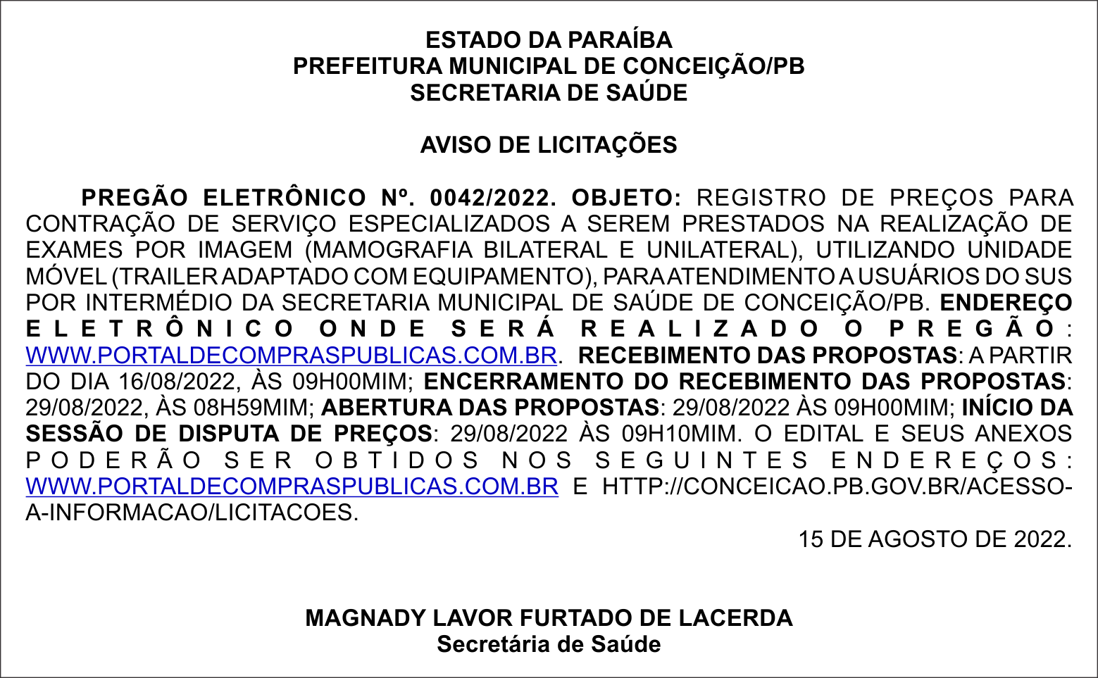 PREFEITURA MUNICIPAL DE CONCEIÇÃO/PB  –  AVISO DE LICITAÇÕES – PREGÃO ELETRÔNICO Nº. 0042/2022.