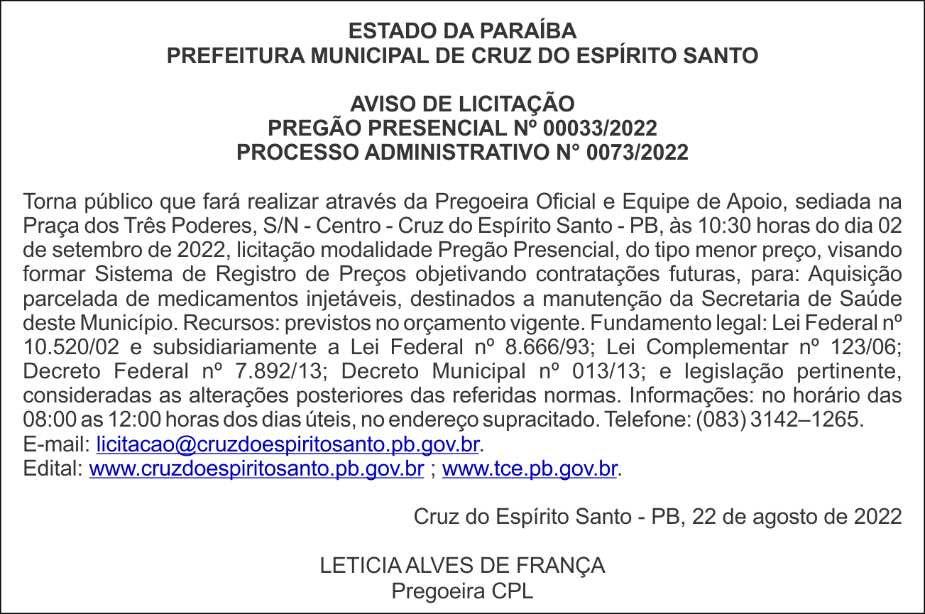 PREFEITURA MUNICIPAL DE CRUZ DO ESPÍRITO SANTO  – AVISO DE LICITAÇÃO – PREGÃO PRESENCIAL Nº 00033/2022 – PROCESSO ADMINISTRATIVO N° 0073/2022