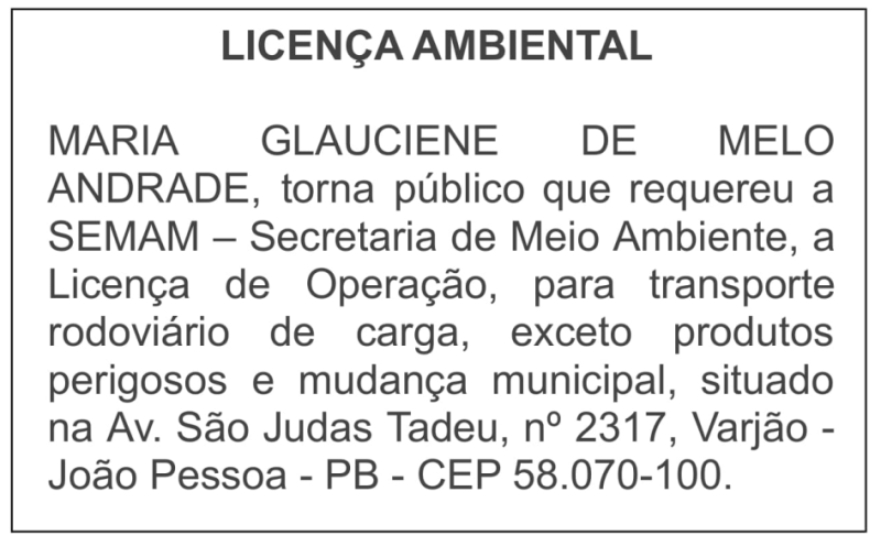 MARIA GLAUCIENE DE MELO ANDRADE – LICENÇA AMBIENTAL