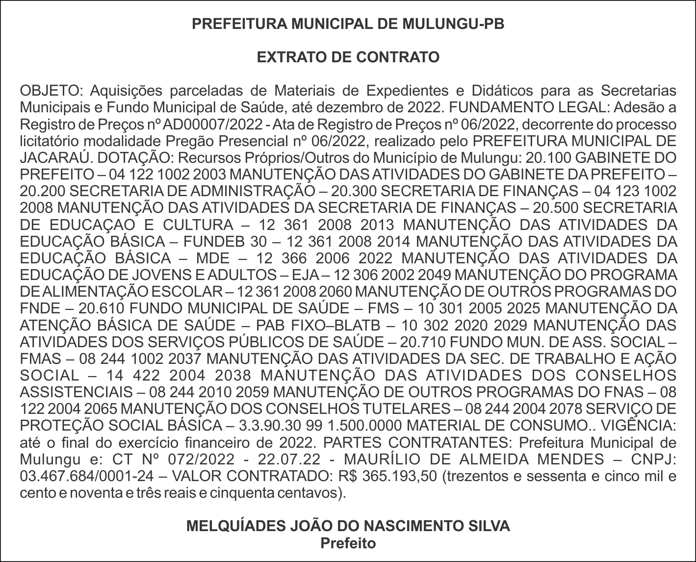 PREFEITURA MUNICIPAL DE MULUNGU-PB – EXTRATO DE CONTRATO