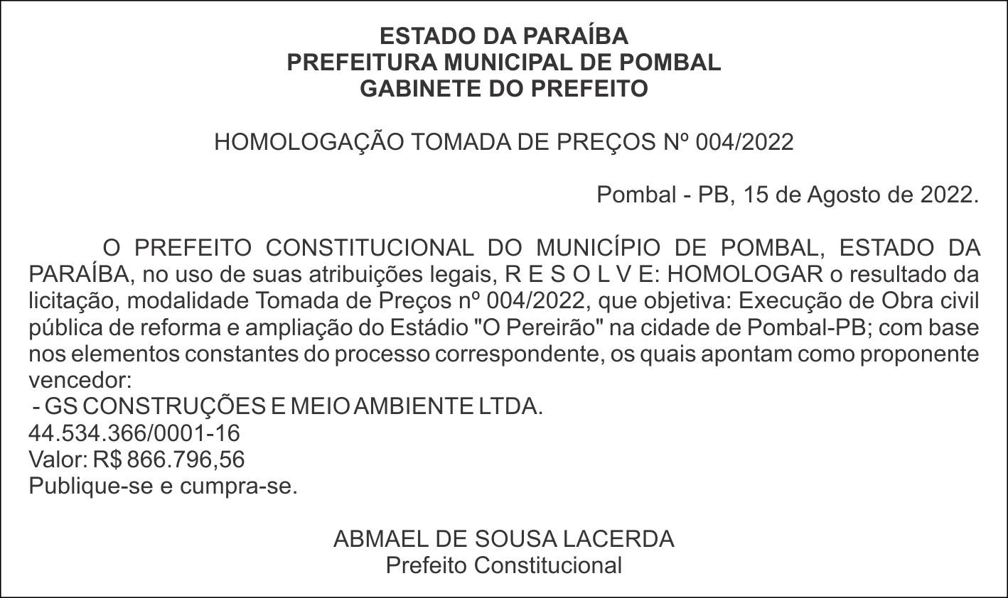 PREFEITURA MUNICIPAL DE POMBAL – HOMOLOGAÇÃO – TOMADA DE PREÇOS Nº 004/2022