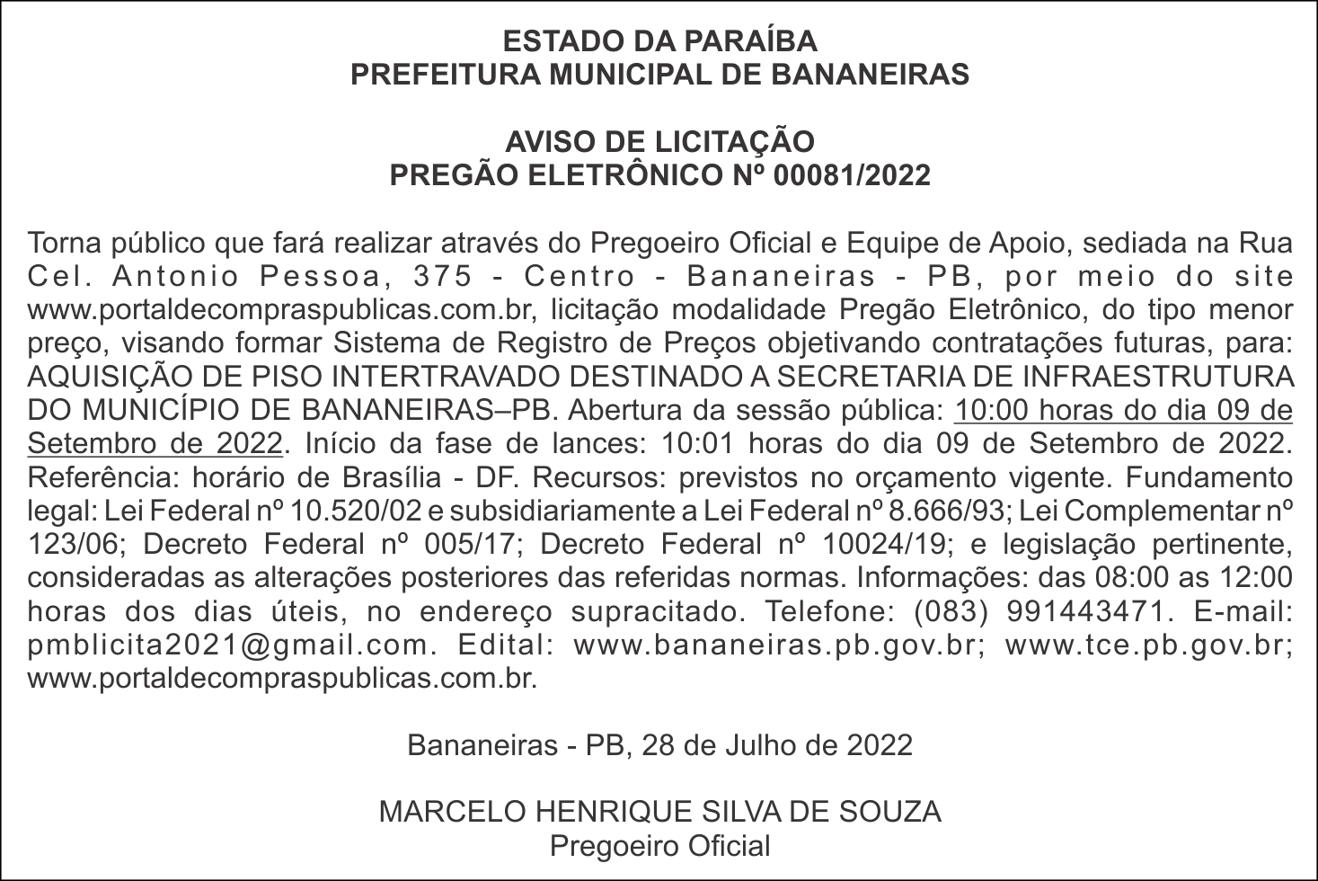 PREFEITURA MUNICIPAL DE BANANEIRAS – AVISO DE LICITAÇÃO – PREGÃO ELETRÔNICO Nº 00081/2022