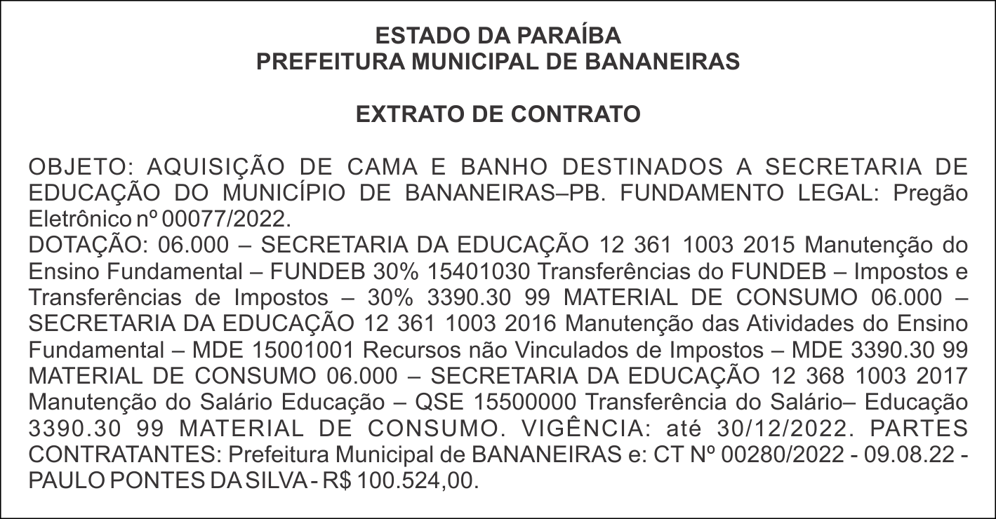 PREFEITURA MUNICIPAL DE BANANEIRAS – EXTRATO DE CONTRATO