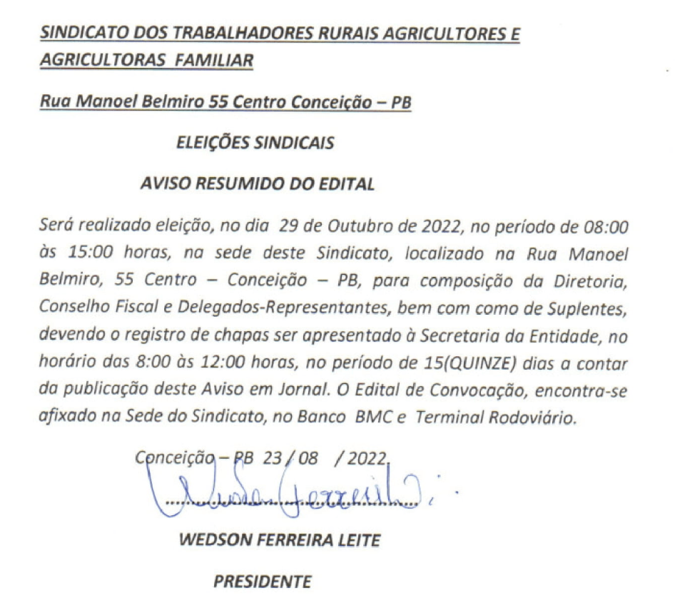 SINDICATO DOS TRABALHADORES RURAIS AGRICULTORES E AGRICULTORAS FAMILIARES DE CONCEIÇÃO – PB – ELEIÇÕES SINDICAIS – AVISO RESUMIDO DO EDITAL