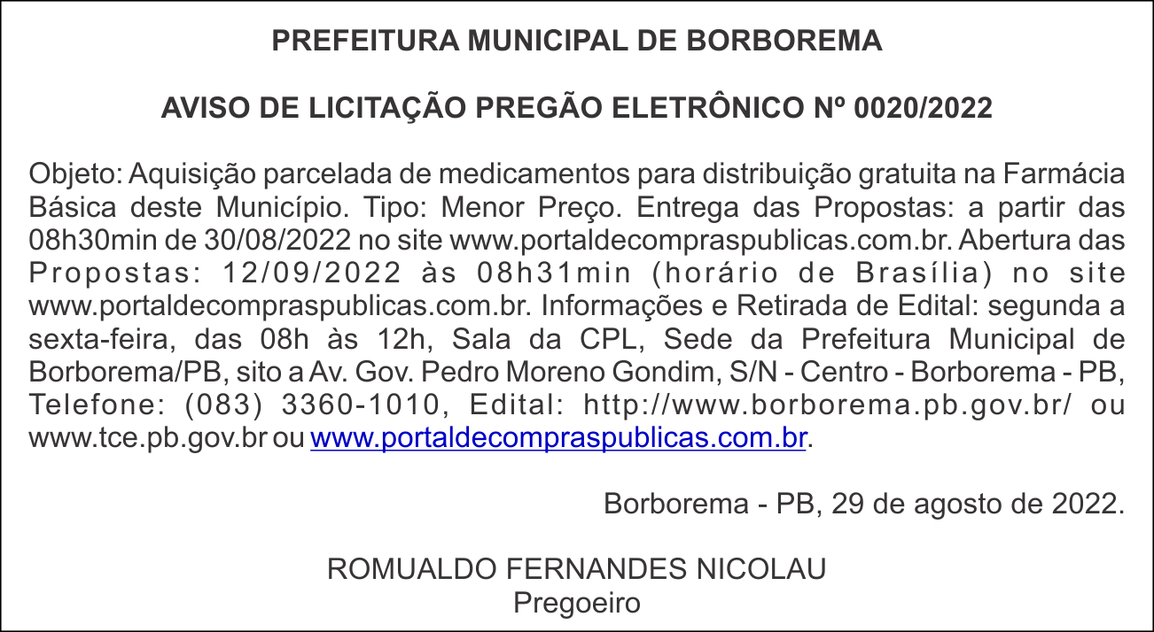 PREFEITURA MUNICIPAL DE BORBOREMA – AVISO DE LICITAÇÃO – PREGÃO ELETRÔNICO Nº 0020/2022
