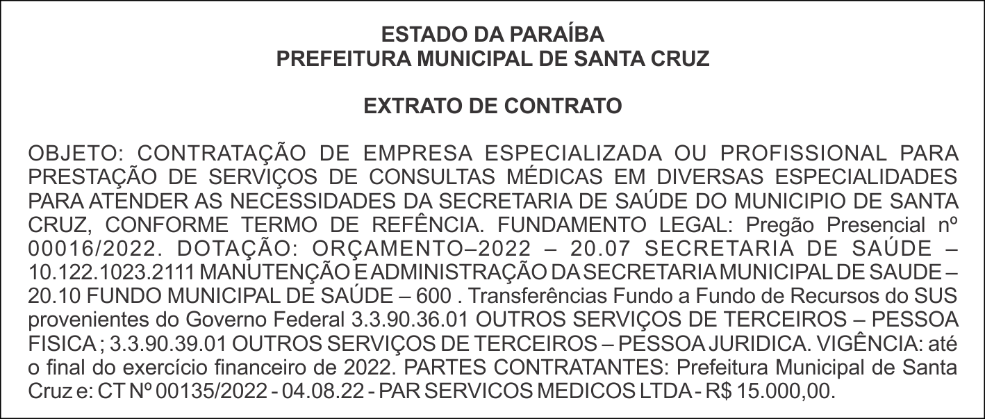 PREFEITURA MUNICIPAL DE SANTA CRUZ – EXTRATO DE CONTRATO