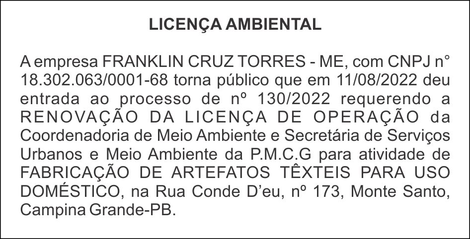FRANKLIN CRUZ TORRES – ME – LICENÇAS AMBIENTAL