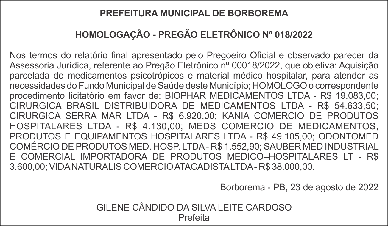 PREFEITURA MUNICIPAL DE BORBOREMA – HOMOLOGAÇÃO – PREGÃO ELETRÔNICO Nº 018/2022