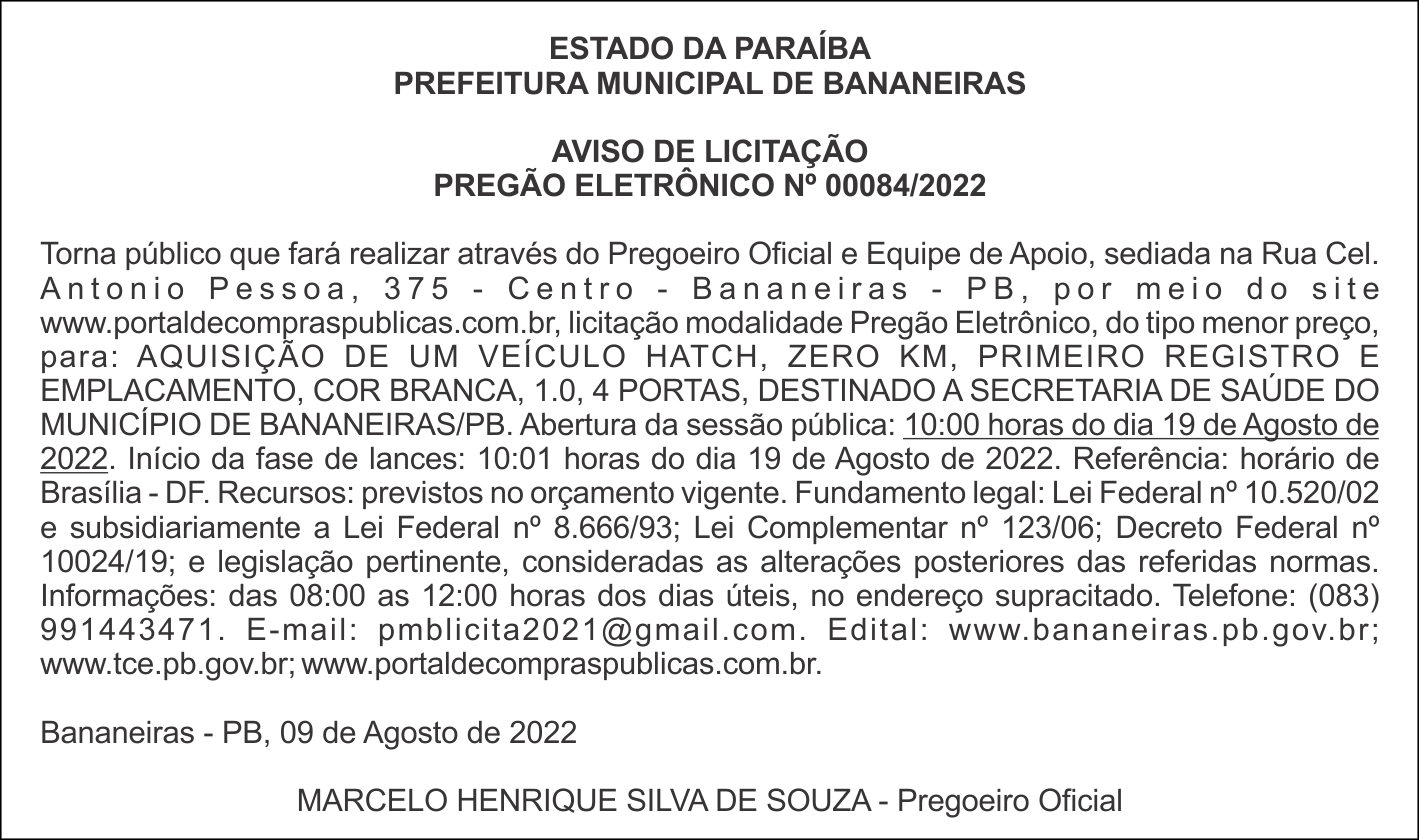 PREFEITURA MUNICIPAL DE BANANEIRAS – AVISO DE LICITAÇÃO – PREGÃO ELETRÔNICO Nº 00084/2022