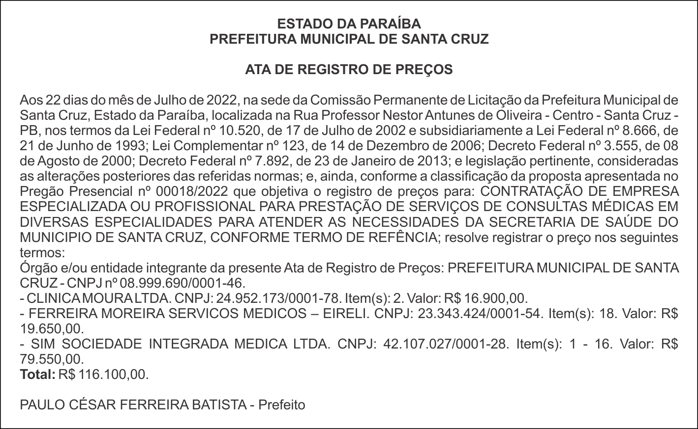 PREFEITURA MUNICIPAL DE SANTA CRUZ  – ATA DE REGISTRO DE PREÇOS
