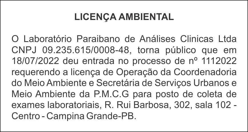 Laboratório Paraibano de Análises Clinicas Ltda – Licença Ambiental