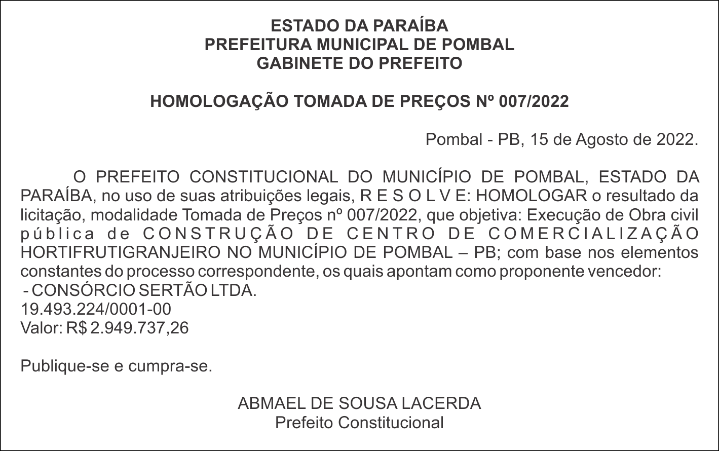 PREFEITURA MUNICIPAL DE POMBAL –  HOMOLOGAÇÃO – TOMADA DE PREÇOS Nº 007/2022