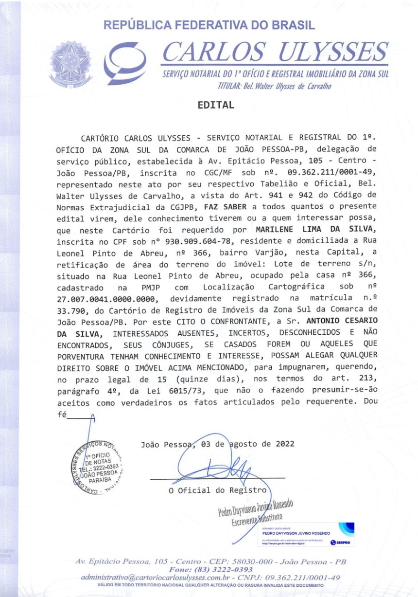 Edital de Retificação de Área de Terreno do Imóvel