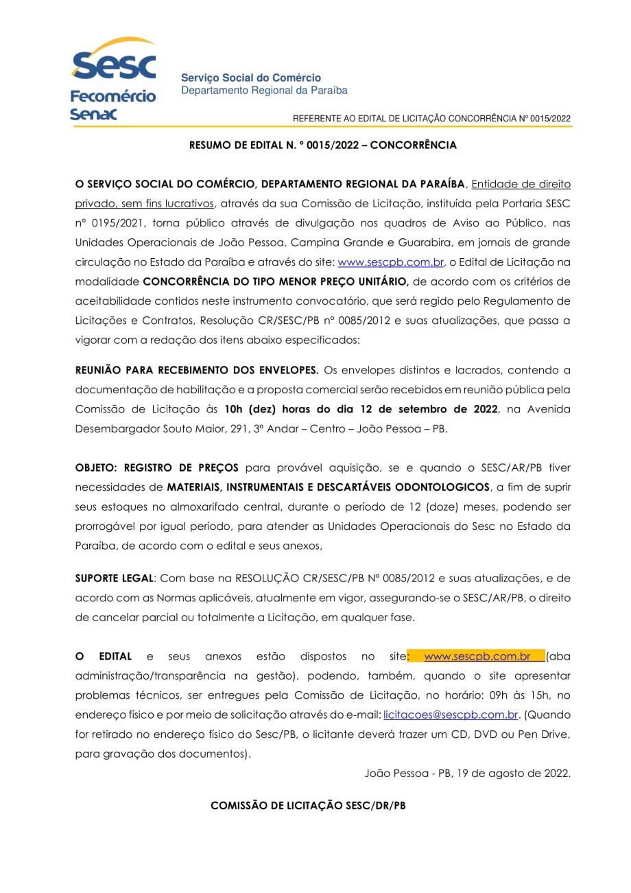 SESC – RESUMO DE EDITAL N.º 0015/2022 – CONCORRÊNCIA