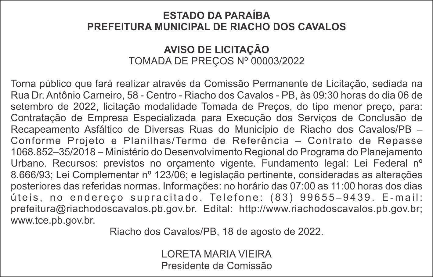 PREFEITURA MUNICIPAL DE RIACHO DOS CAVALOS – AVISO DE LICITAÇÃO – TOMADA DE PREÇOS Nº 00003/2022
