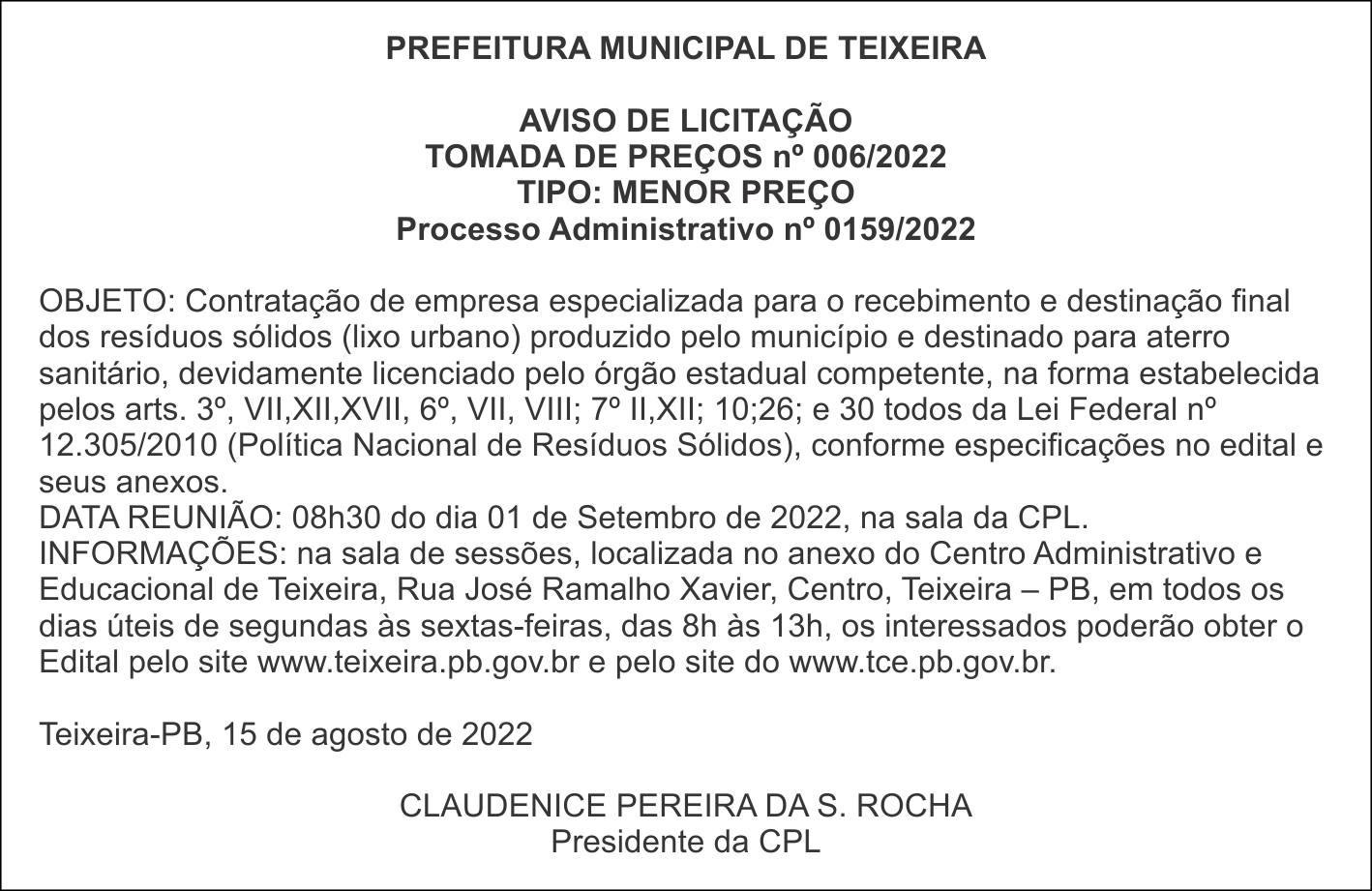 PREFEITURA MUNICIPAL DE TEIXEIRA – AVISO DE LICITAÇÃO – TOMADA DE PREÇOS nº 006/2022