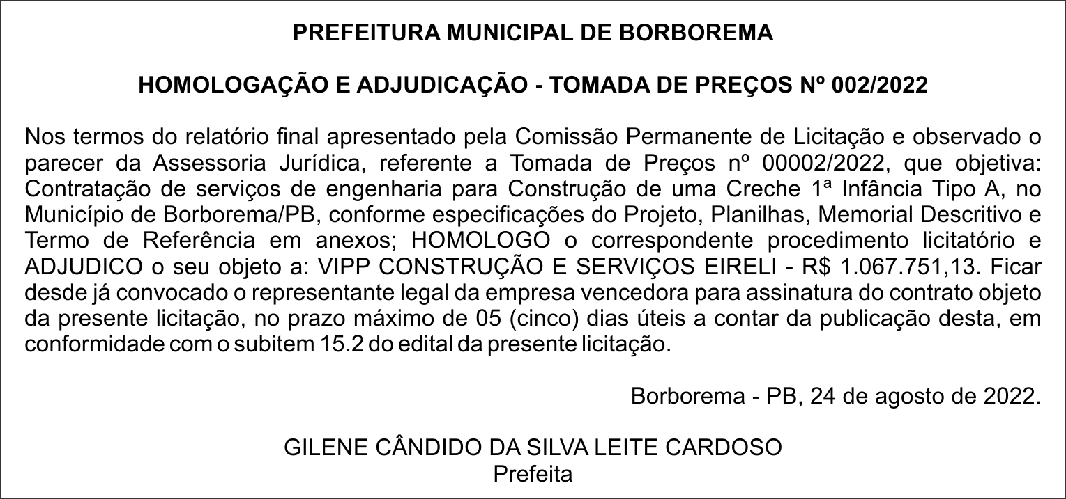 PREFEITURA MUNICIPAL DE BORBOREMA – HOMOLOGAÇÃO E ADJUDICAÇÃO – TOMADA DE PREÇOS Nº 002/2022