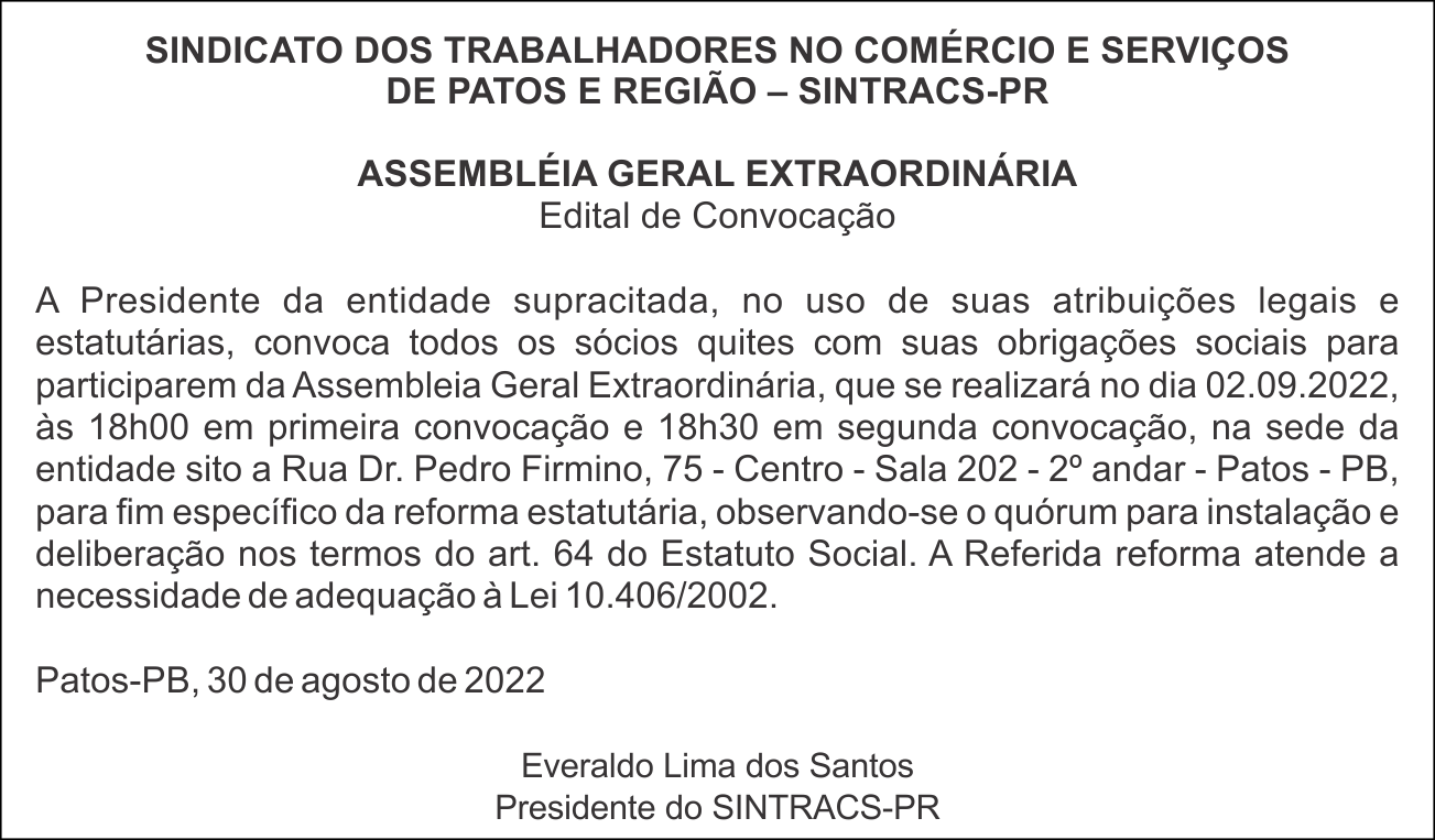 SINTRACS-PR  – ASSEMBLÉIA GERAL EXTRAORDINÁRIA – Edital de Convocação