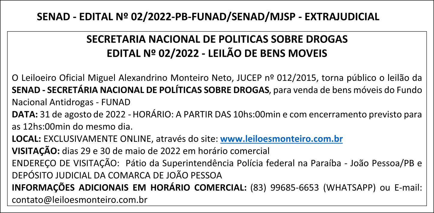 LEILÕES MONTEIRO – EDITAL Nº 02/2022 – LEILÃO DE BENS MOVEIS