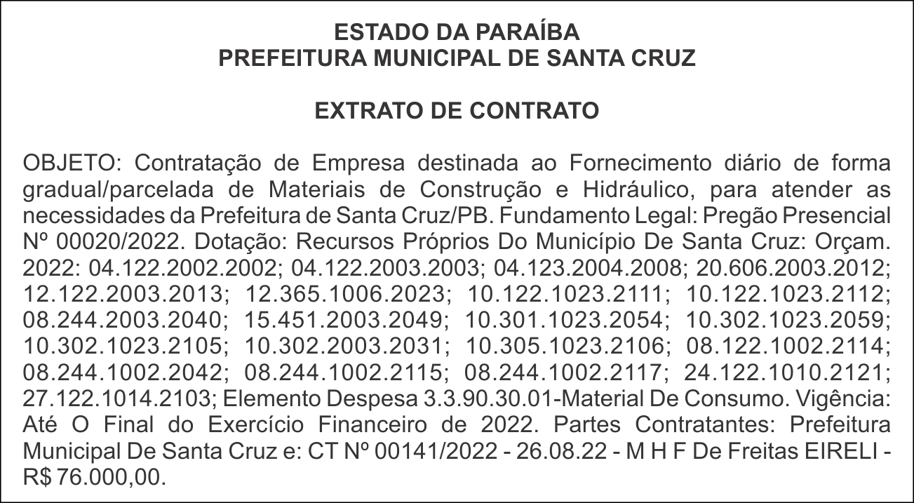 PREFEITURA MUNICIPAL DE SANTA CRUZ  – EXTRATO DE CONTRATO