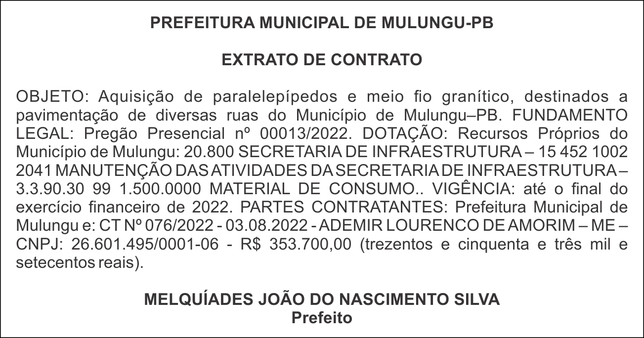 PREFEITURA MUNICIPAL DE MULUNGU-PB – EXTRATO DE CONTRATO