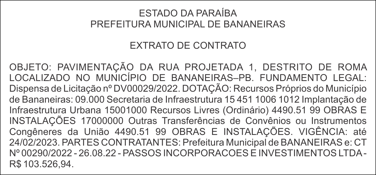 PREFEITURA MUNICIPAL DE BANANEIRAS EXTRATO DE CONTRATO