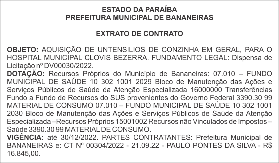 PREFEITURA MUNICIPAL DE BANANEIRAS  – EXTRATO DE CONTRATO