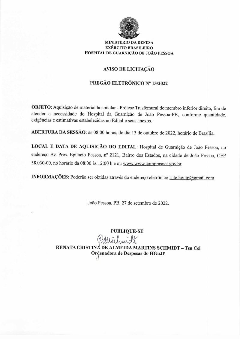 HOSPITAL DE GUARNIÇÃO DE JOÃO PESSOA – AVISO DE LICITAÇÃO – PREGÃO ELETRÔNICO N° 12/2022