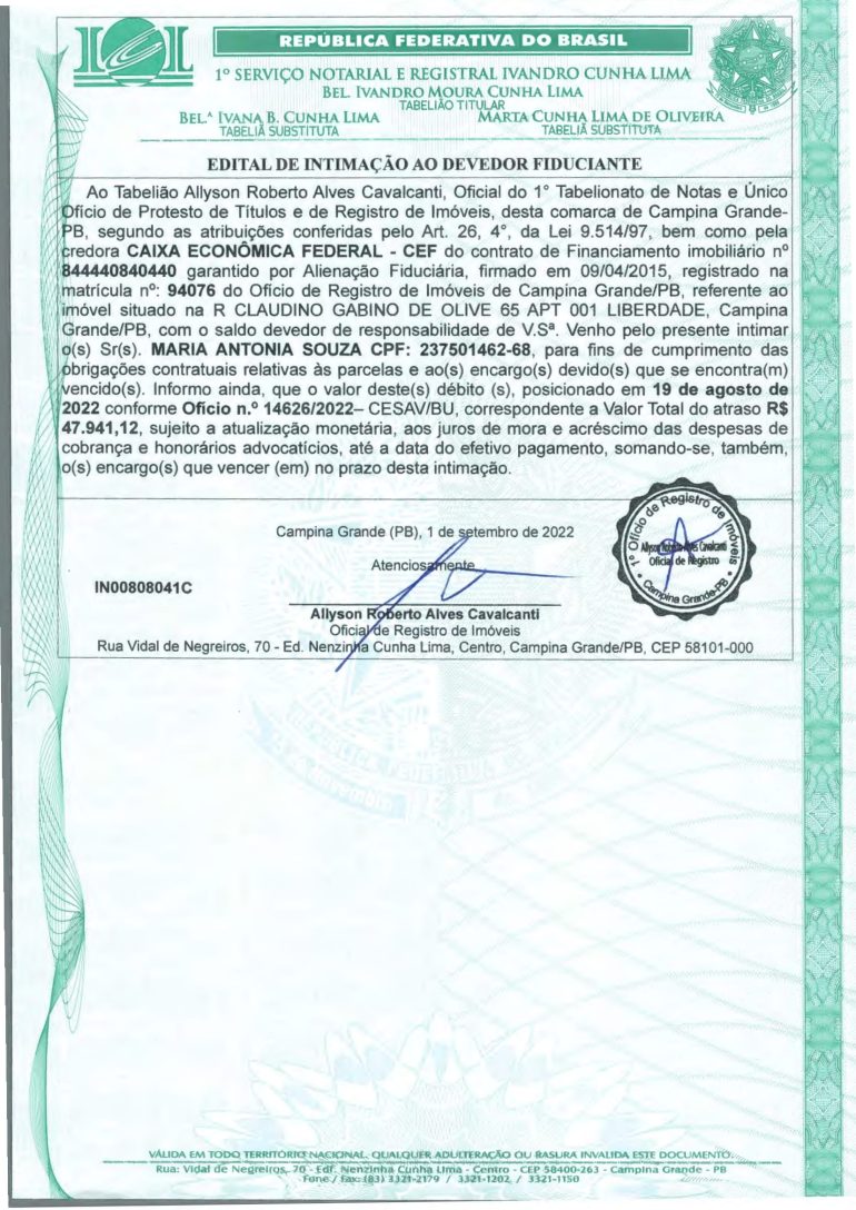 EDITAL DE INTIMAÇÃO AO DEVEDOR FIDUCIANTE