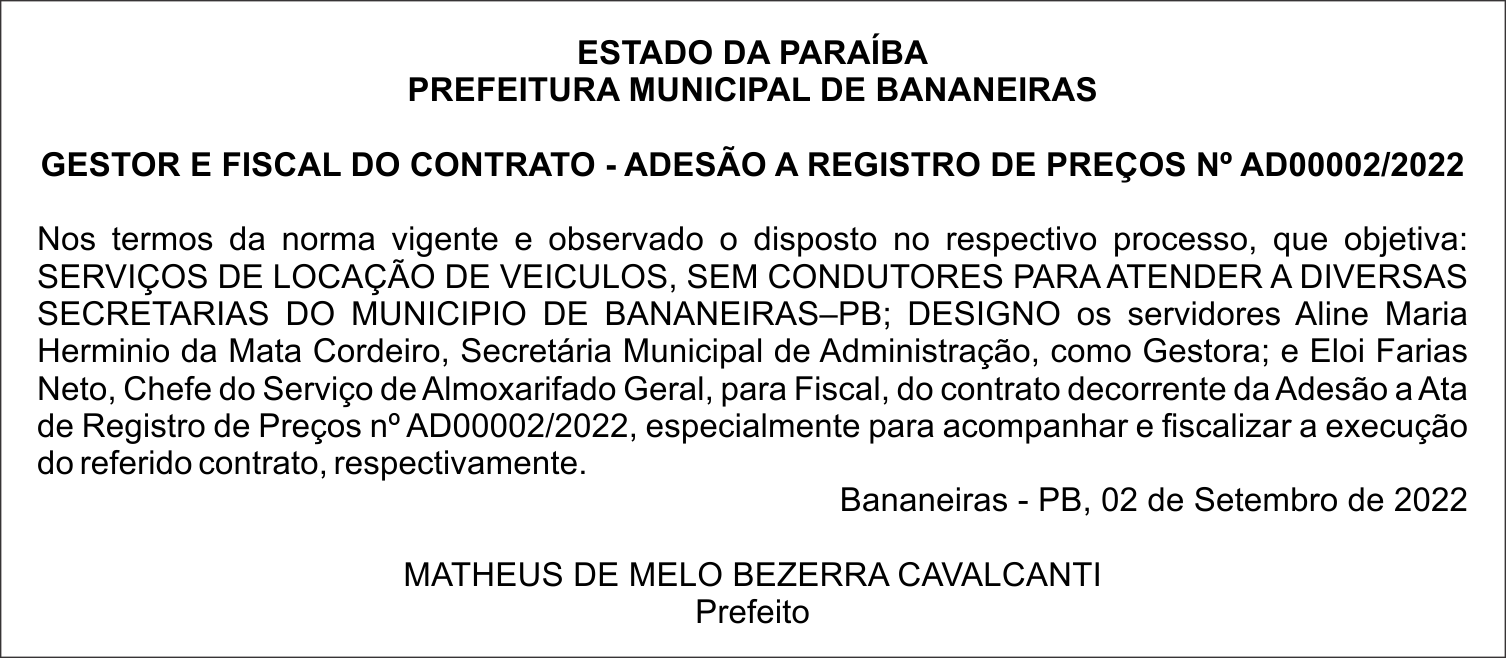 PREFEITURA MUNICIPAL DE BANANEIRAS –  ADESÃO A REGISTRO DE PREÇOS Nº AD00002/2022