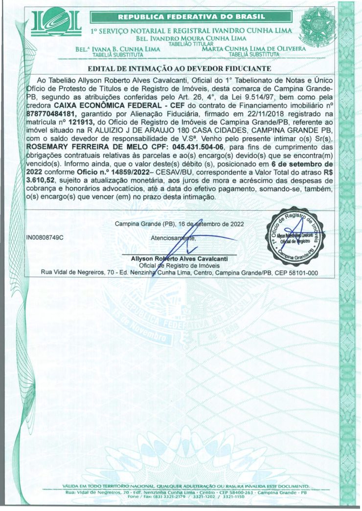 EDITAL DE INTIMAÇÃO AO DEVEDOR FIDUCIANTE