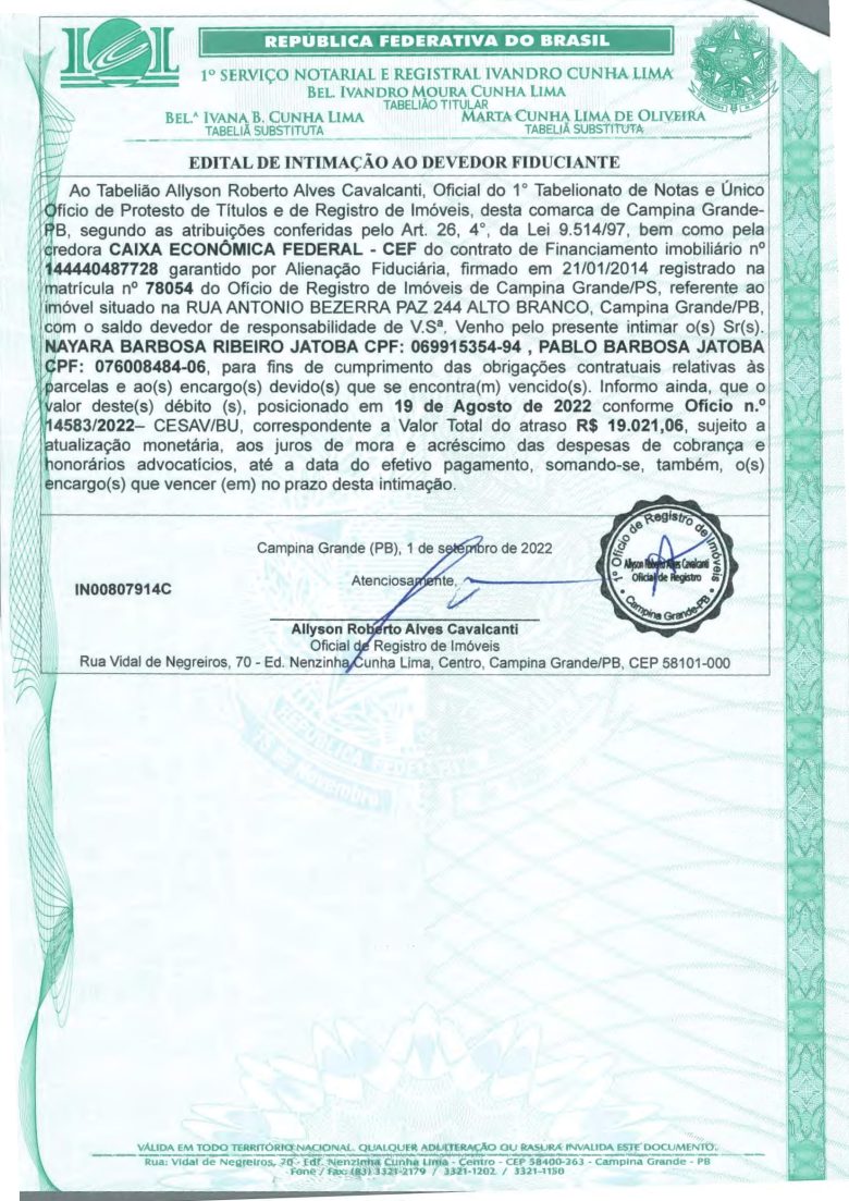 EDITAL DE INTIMAÇÃO AO DEVEDOR FIDUCIANTE