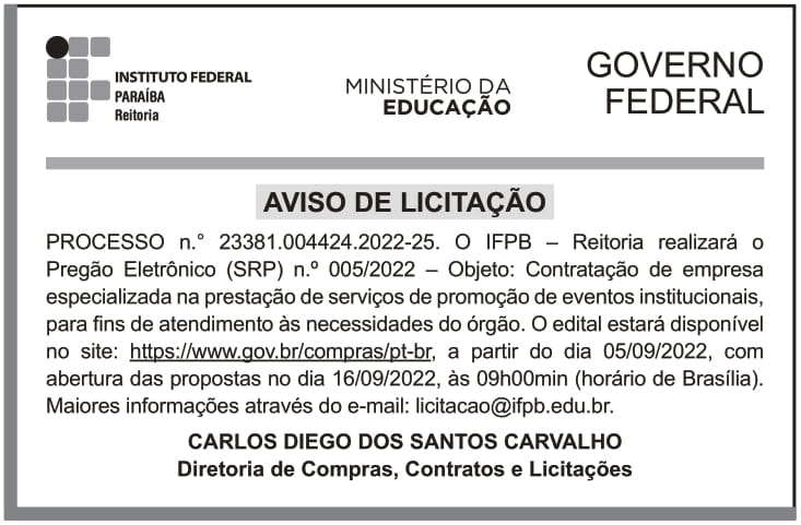 IFPB – PB – JOÃO PESSOA – EDITAL – PREGÃO ELETRÔNICO (SRP) n.º 005/2022 – REITORIA