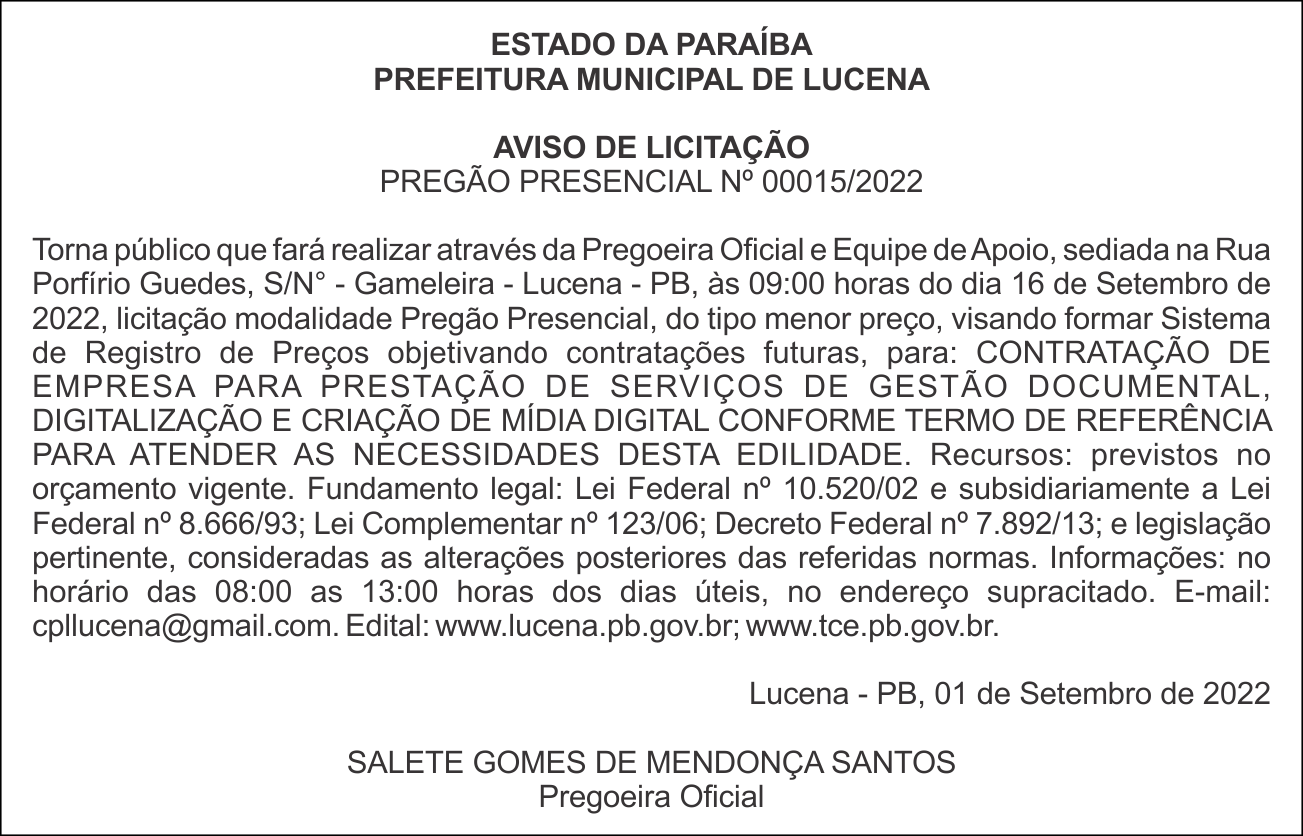 PREFEITURA MUNICIPAL DE LUCENA  – AVISO DE LICITAÇÃO – PREGÃO PRESENCIAL Nº 00015/2022
