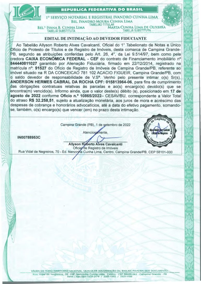 EDITAL DE INTIMAÇÃO AO DEVEDOR FIDUCIANTE