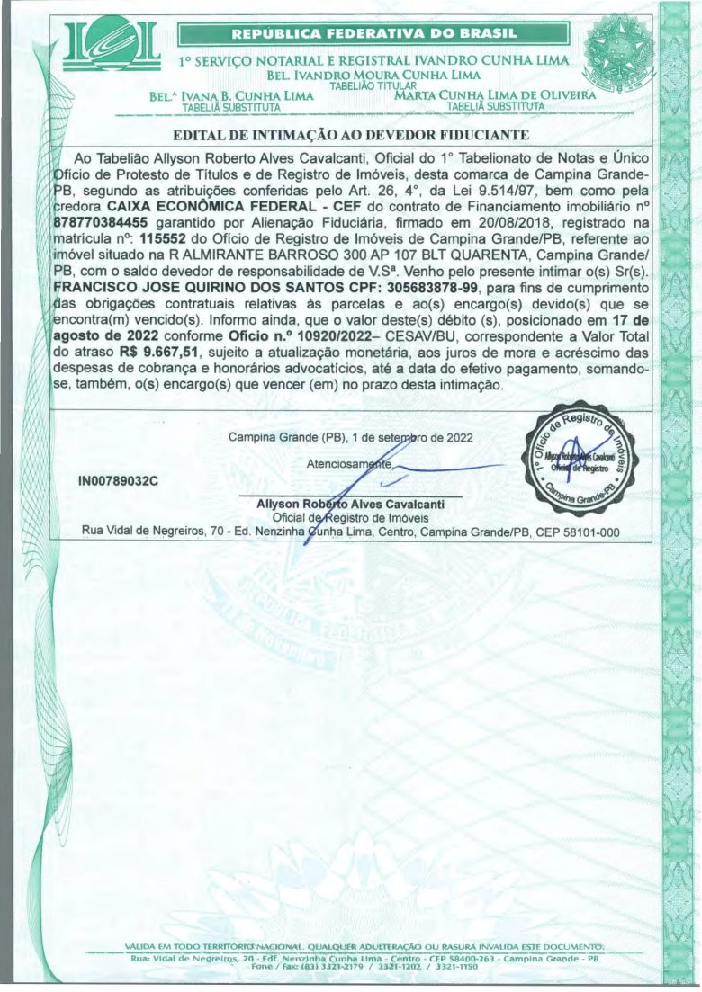 EDITAL DE INTIMAÇÃO AO DEVEDOR FIDUCIANTE