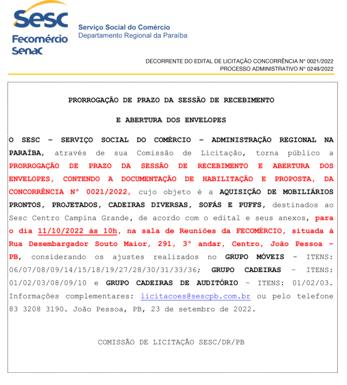 SESC- PRORROGAÇÃO DE PRAZO DA SESSÃO DE RECEBIMENTO E ABERTURA DOS ENVELOPES
