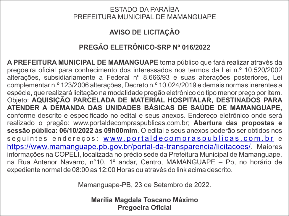 PREFEITURA MUNICIPAL DE MAMANGUAPE – AVISO DE LICITAÇÃO – PREGÃO ELETRÔNICO-SRP Nº 016/2022