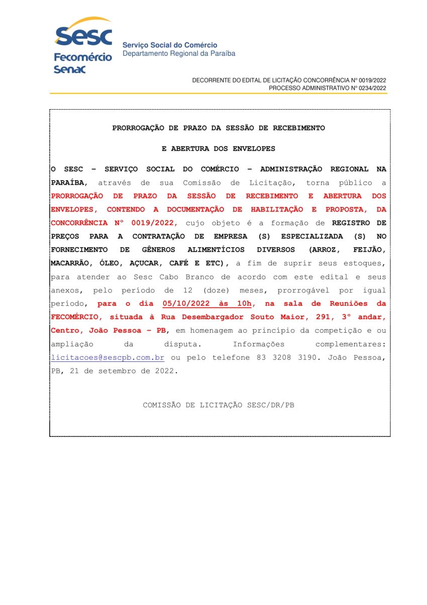 SESC – PRORROGAÇÃO DE PRAZO DA SESSÃO DE RECEBIMENTO E ABERTURA DOS ENVELOPES