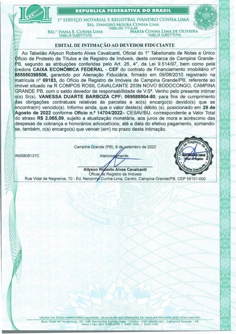 EDITAL DE INTIMAÇÃO AO DEVEDOR FIDUCIANTE