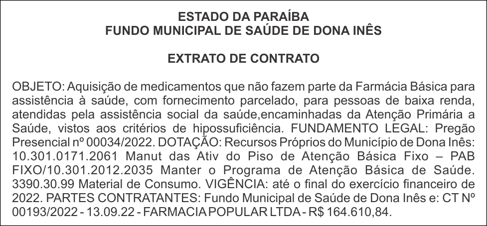 FUNDO MUNICIPAL DE SAÚDE DE DONA INÊS – EXTRATO DE CONTRATO