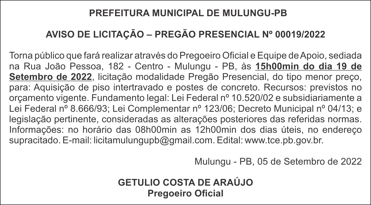 PREFEITURA MUNICIPAL DE MULUNGU-PB – AVISO DE LICITAÇÃO – PREGÃO PRESENCIAL Nº 00019/2022