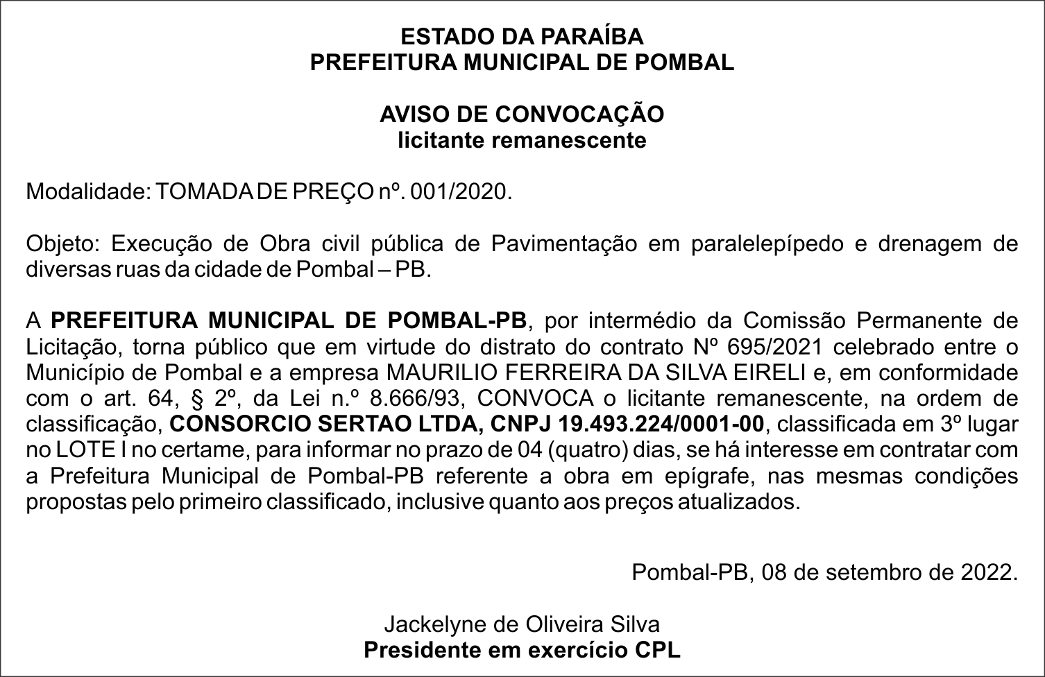 PREFEITURA MUNICIPAL DE POMBAL – AVISO DE CONVOCAÇÃO – TOMADA DE PREÇO nº. 001/2020.