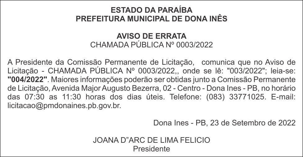PREFEITURA MUNICIPAL DE DONA INÊS – AVISO DE ERRATA – CHAMADA PÚBLICA Nº 0003/2022
