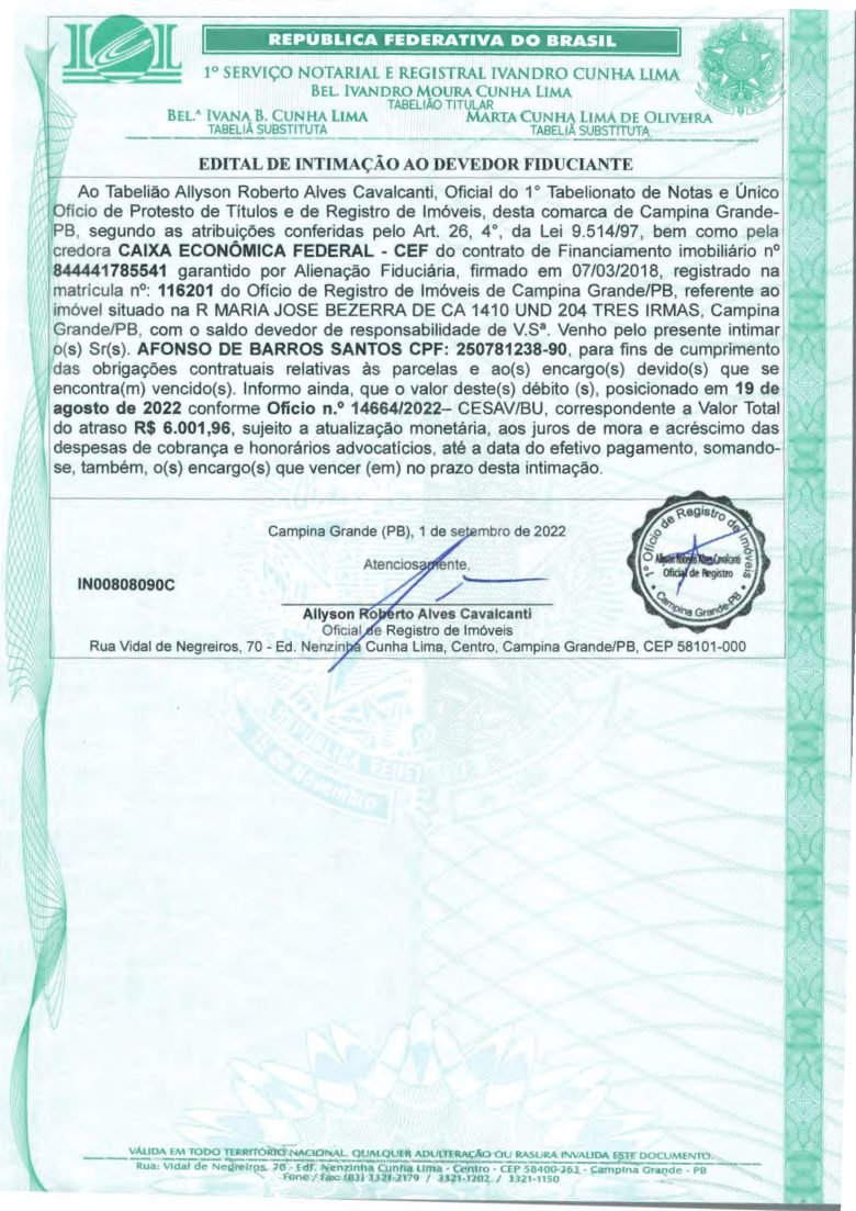 EDITAL DE INTIMAÇÃO AO DEVEDOR FIDUCIANTE