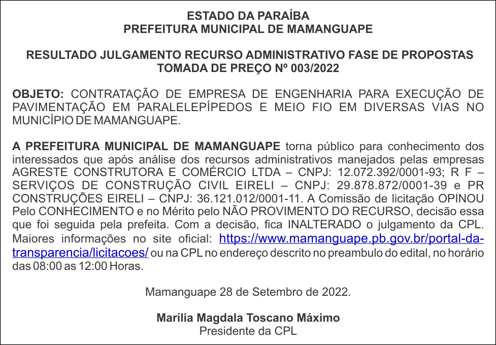 PREFEITURA MUNICIPAL DE MAMANGUAPE  – RESULTADO JULGAMENTO  – RECURSO ADMINISTRATIVO – FASE DE  PROPOSTAS  – TOMADA DE PREÇO Nº 003/2022