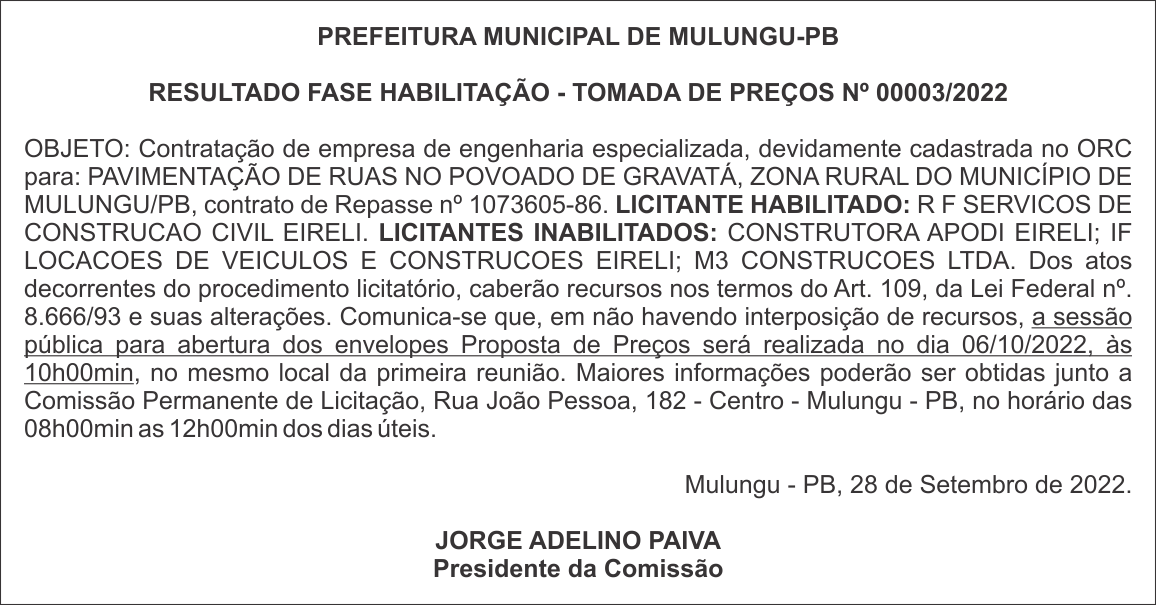 PREFEITURA MUNICIPAL DE MULUNGU-PB  –  RESULTADO FASE HABILITAÇÃO – TOMADA DE PREÇOS Nº 00003/2022