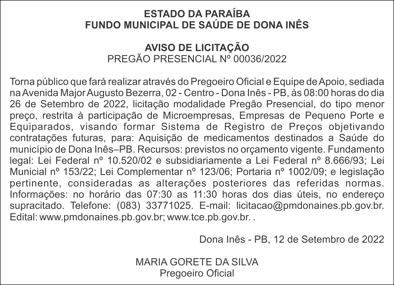 FUNDO MUNICIPAL DE SAÚDE DE DONA INÊS – AVISO DE LICITAÇÃO – PREGÃO PRESENCIAL Nº 00036/2022